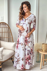 Ivory Floral Maternity Maxi Dress with Tie Back