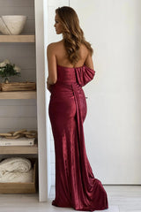 Wine Slinky Foil One Shoulder Draped Maxi Dress