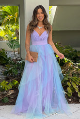 Lavender And Blue Ruffled Mesh Maxi Dress