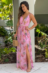 Pink Printed Maxi Dress With Slit
