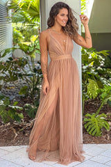 Taupe Mesh V Neck Maxi Dress
