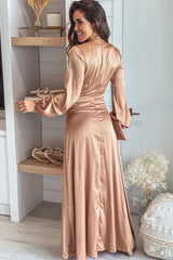 Champagne Satin V Neck Maxi Dress With Slit