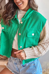 Jade Denim Jacket With Crochet Sleeves