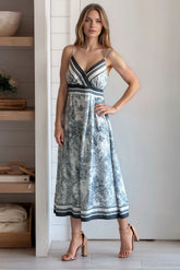 Gray Printed V Neck A Line Dress