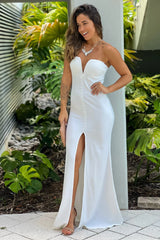Ivory Strapless Maxi Dress With Slit And Button