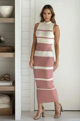Salmon Striped Mock Neck Sweater Dress