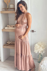 Champagne Animal Print Satin Maternity Maxi Dress
