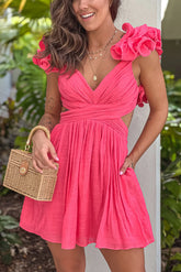 Coral Ruffled Short Dress With Criss Cross Back