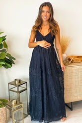 Black Lace Maternity Maxi Dress with Crochet Top