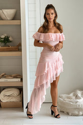 Baby Pink Off Shoulder Ruffled Asymmetrical Dress