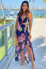 Navy Floral Ruffled Wrap Front Maxi Dress