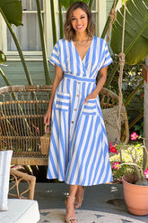 Blue Striped Midi Dress With Button Detail