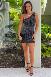 Black Rhinestone One Shoulder Short Dress