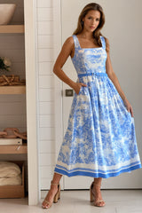 Blue Printed Square Neck Midi Dress