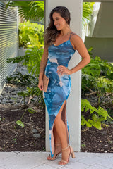 Teal Printed Strappy Back Maxi Dress With Slit
