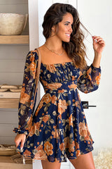 Navy And Cream Floral Short Dress With Tie Back