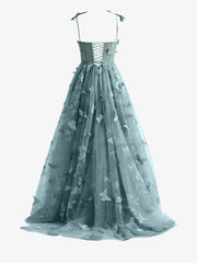 Dusty Blue A line Butterfly Lace Lilac Corset Prom Dress with Slit