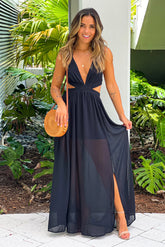 Black Cut Out Maxi Dress With Criss Cross Back