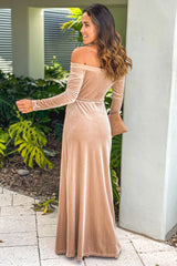 Champagne Velvet Off Shoulder Maxi Dress