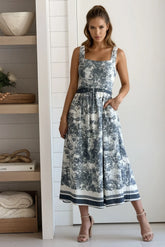 Charcoal Printed Square Neck Midi Dress