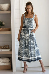Charcoal Printed Square Neck Midi Dress