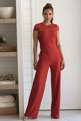 Red Lace Top Short Sleeve Jumpsuit