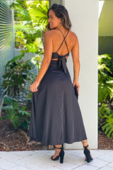 Black Satin High Low Dress With Criss Cross Back