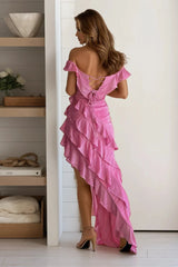 Pink Shimmer Off Shoulder Asymmetrical Dress