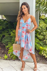 Blue Floral High Low Dress With Lace Back