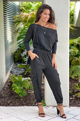 Black One Shoulder Jumpsuit With Sleeves