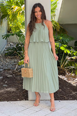 Sage Pleated Midi Dress