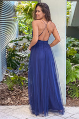 Navy Tulle V Neck Maxi Dress With Slits