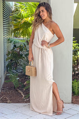 Cream One Shoulder Maxi Dress With Tie Waist