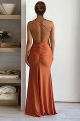 Rust Ruched Maxi Dress With Slit