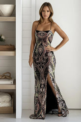 Black Sequined Slit Mermaid Maxi Dress