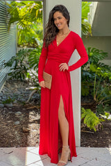 Red V Neck Maxi Dress With Slit