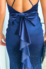 Navy Shine Velvet Maxi Dress With Open Back And Bow Detail