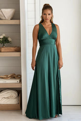 Green V Neck Satin Maxi Dress