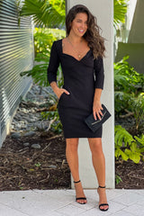 Black Midi Dress With 3 4 Sleeves And Pockets