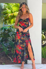 Black Floral Satin Dress With Slit