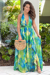 Blue Printed Ruffled Maxi Dress With Slit