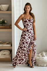 Cream And Burgundy Asymmetrical Floral Maxi Dress