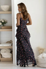 Black And Red Floral Ruffled Maxi Dress With Slit