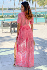 Coral Lace Maxi Romper with Sleeves and Slits