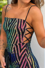 Black Iridescent Maxi Dress With Criss Cross Side