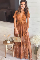 Espresso Lace Maxi Romper with Sleeves and Slits