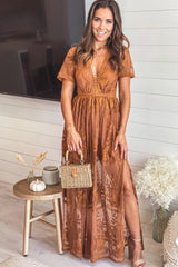 Espresso Lace Maxi Romper with Sleeves and Slits