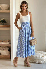 White And Blue Plaid Midi Dress With Pockets