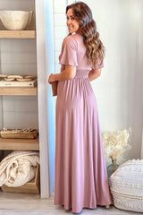 Blush Maxi Dress With Slit And Short Sleeves