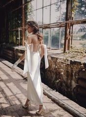 Simple Sheath Off The Shoulder Ankle Length Satin Wedding Dresses